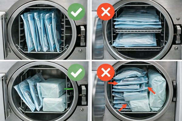 Correct and incorrect loading of dental instrument pouches inside a tabletop steam sterilizer